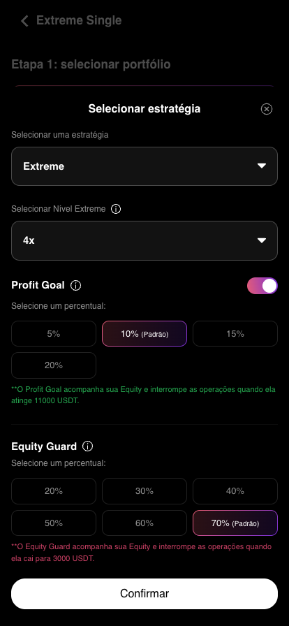 Painel de estratégia: tipo, Nível Extreme, Profit Goal e Equity Guard