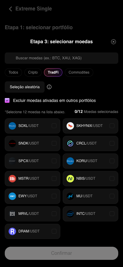 Painel de moedas com as abas Todos, Cripto, TradFi e Commodities