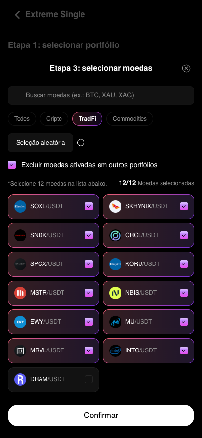Botão Confirmar ativo após selecionar 12 moedas