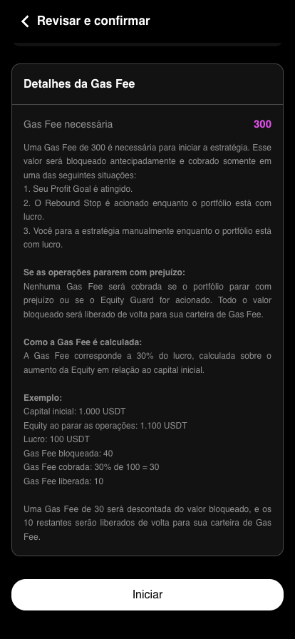 Detalhes da Gas Fee e exemplo na página Revisar e confirmar