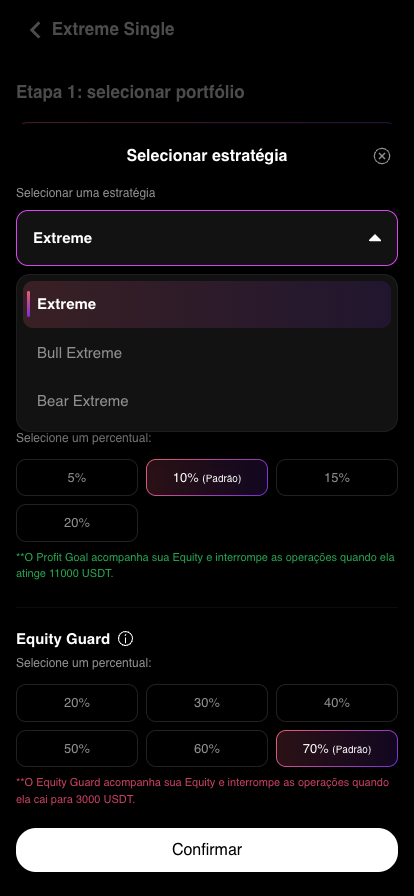 Seletor de estratégia: Extreme, Bull Extreme, Bear Extreme