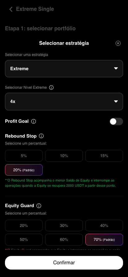 O Rebound Stop aparece quando o Profit Goal é desligado