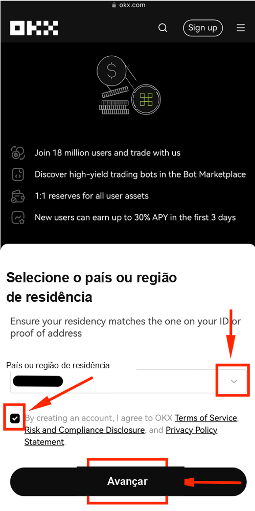 OKX registration screenshot Step 6: confirm country of residence on OKX