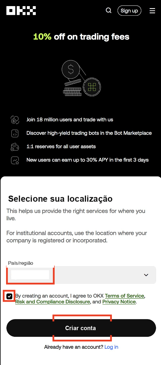 OKX registration screenshot Step 2: select country and accept OKX terms of service
