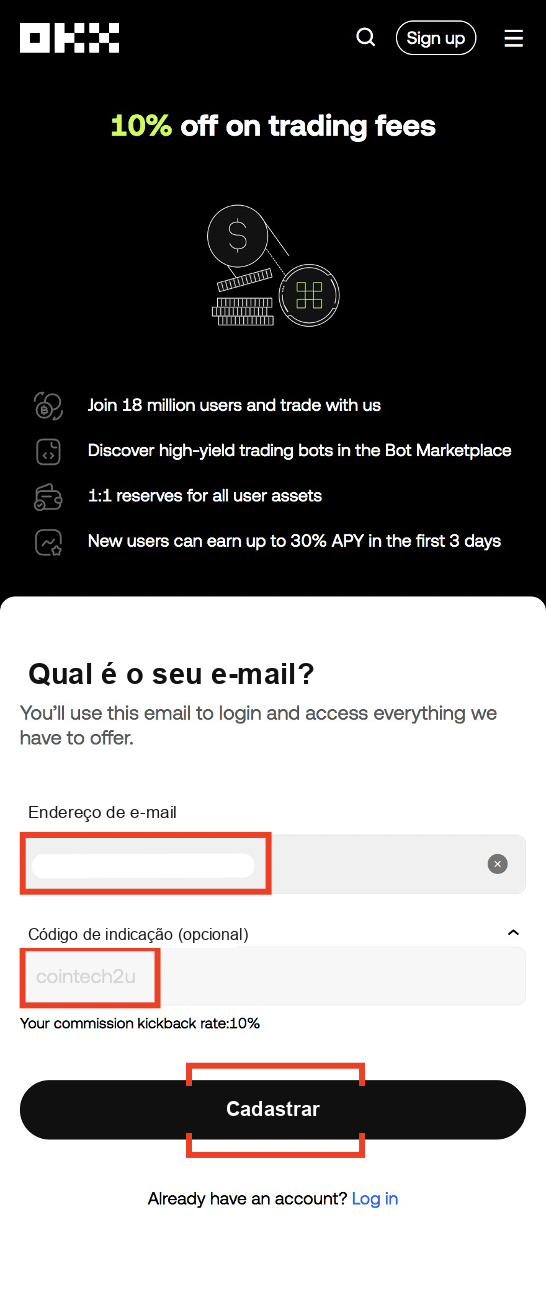 OKX registration screenshot Step 3: enter email and referral code cointech2u on OKX