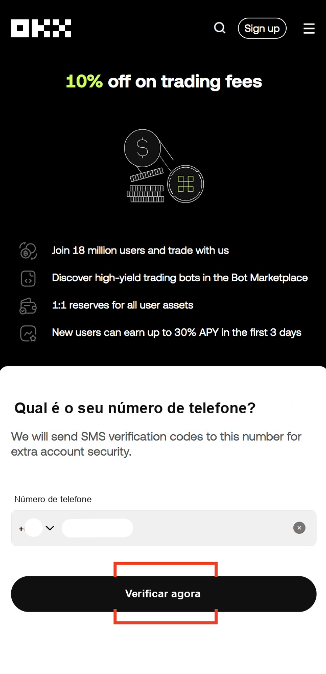 OKX registration screenshot Step 4: enter phone number for OKX verification