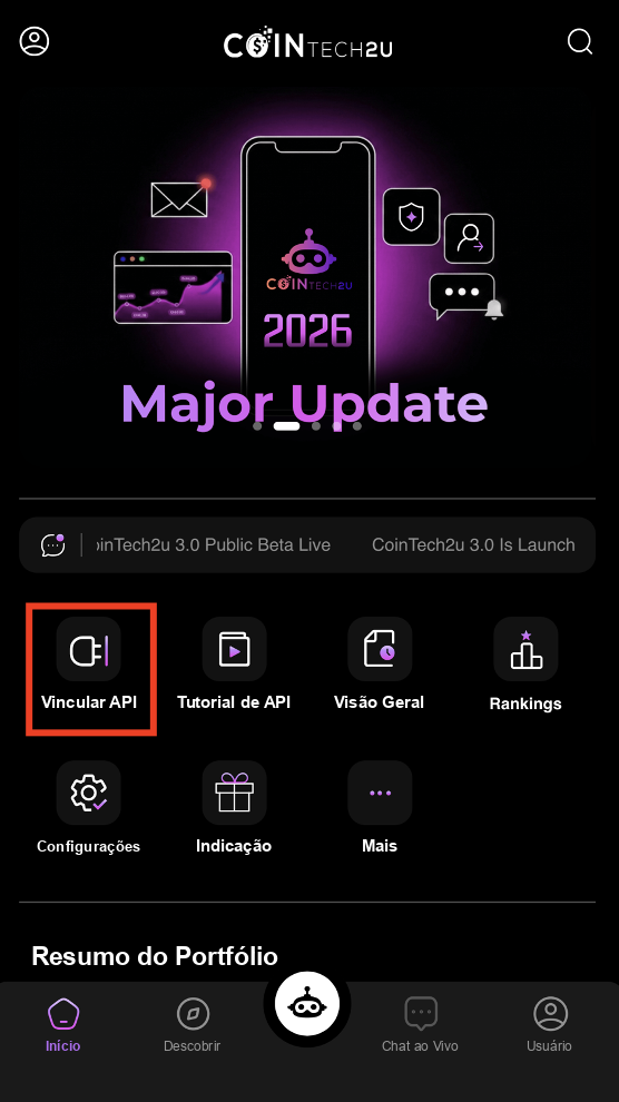 Tap Bind API on CoinTech2u homepage