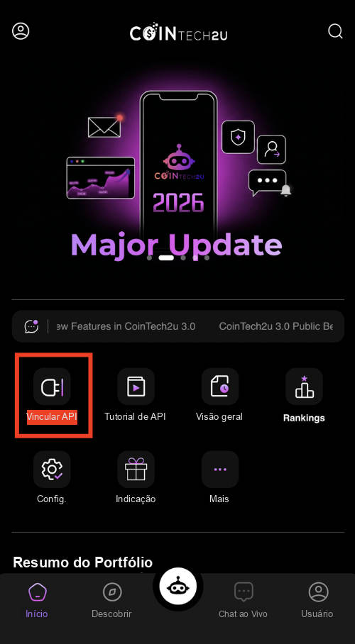 Tap Bind API on CoinTech2u homepage