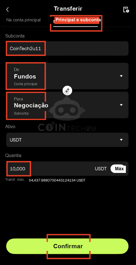 Transfer funds from main to sub-account Trading Wallet