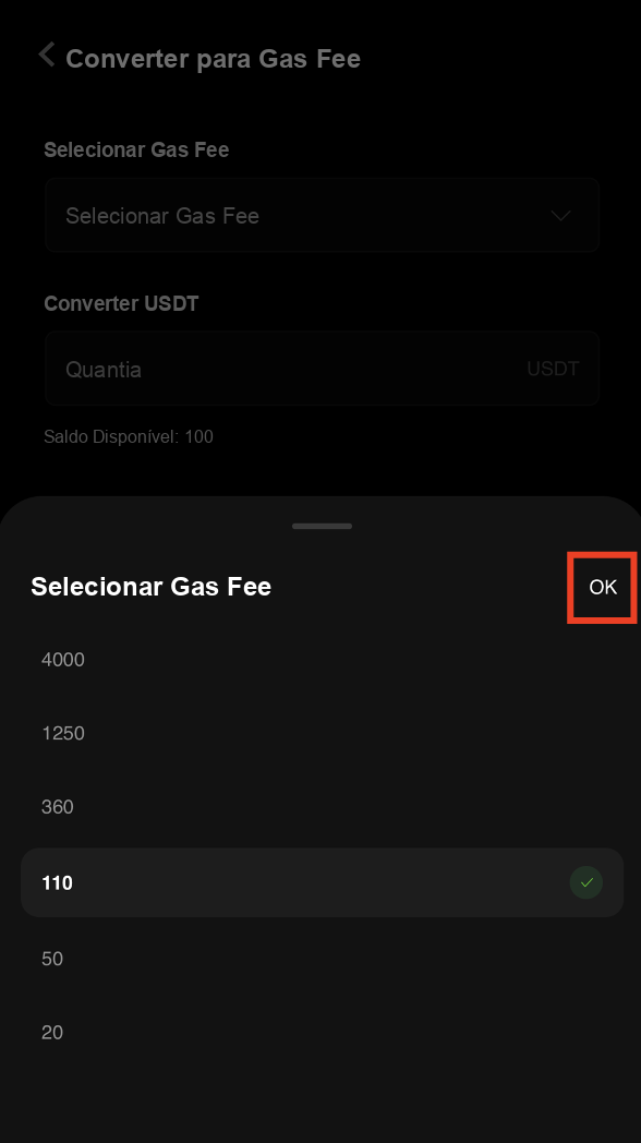 Select Gas Fee conversion amount