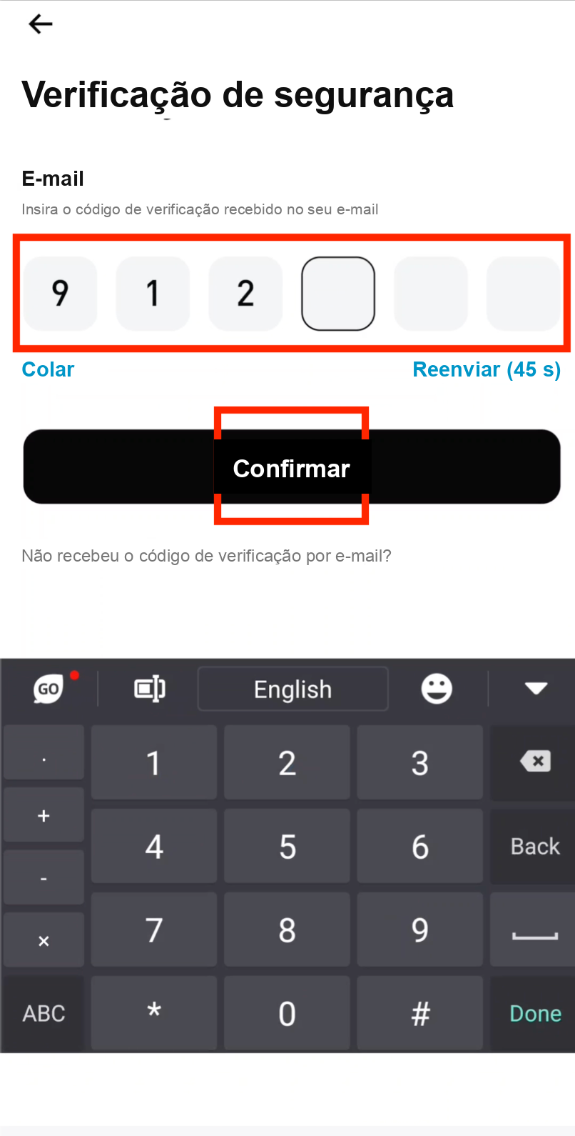 Enter email verification code on Bitget app