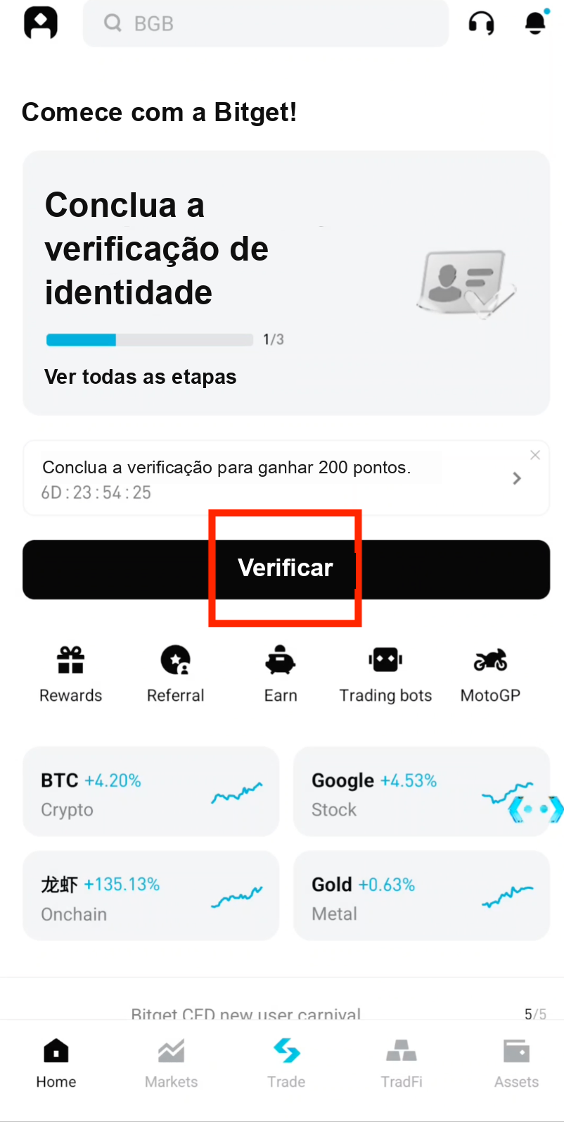 Tap Verify to start Bitget KYC process