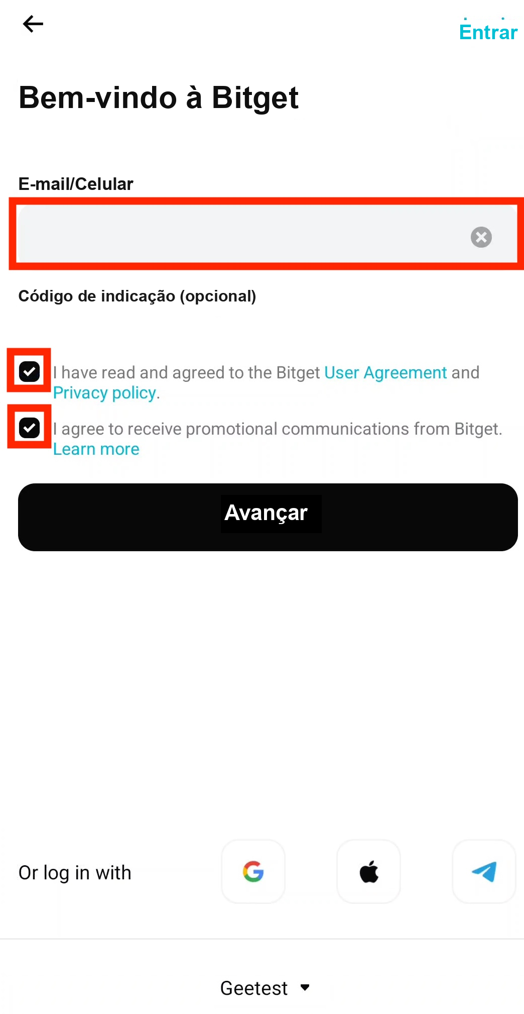 Bitget registration screenshot Step 2: enter email and create Bitget account