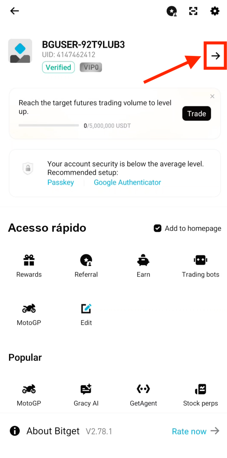 Tap arrow icon to access Bitget settings