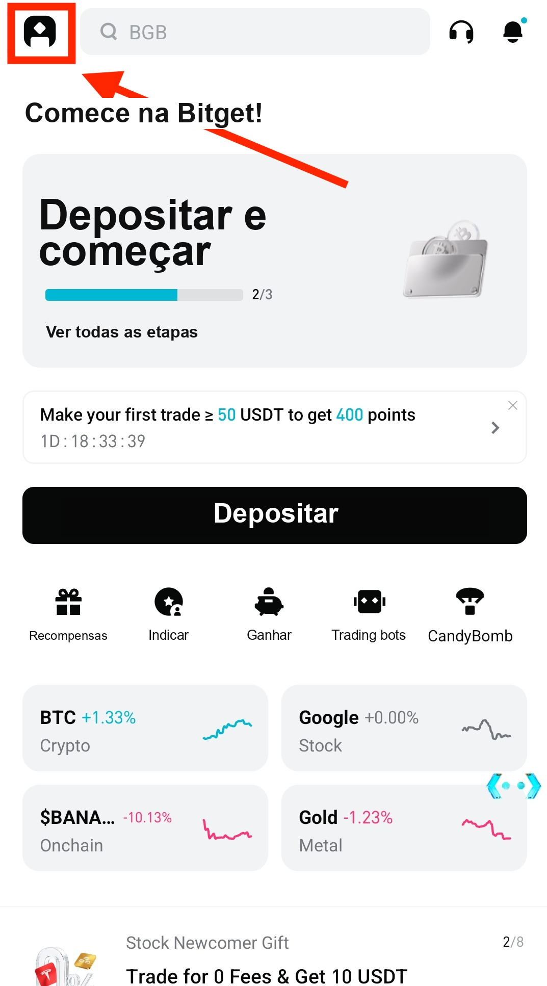 Tap profile icon on Bitget homepage