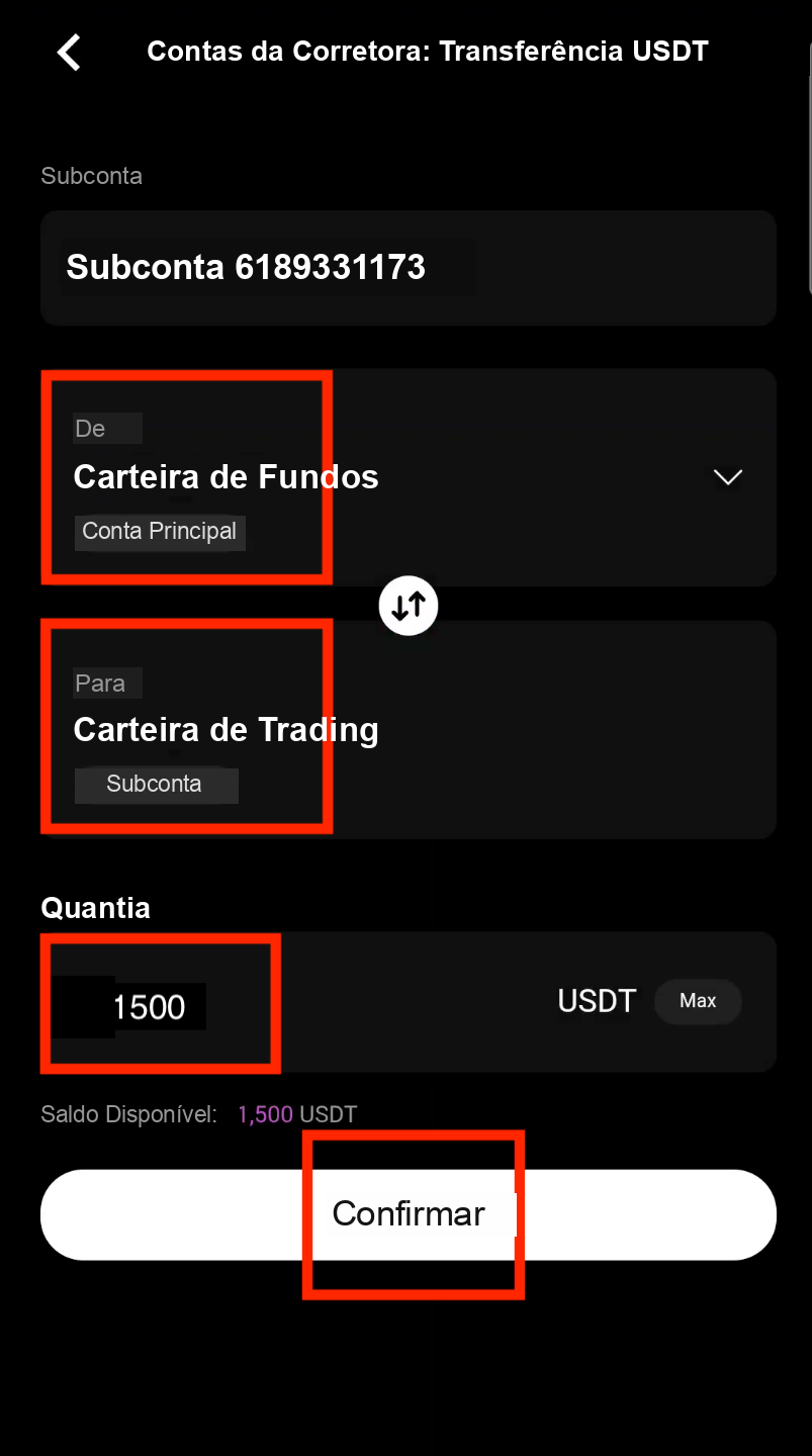 Insira a quantia de USDT e confirme a transferência para a subconta