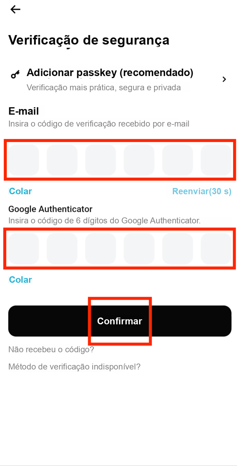 Insira os códigos de verificação por e-mail e do authenticator para o saque da Bitget