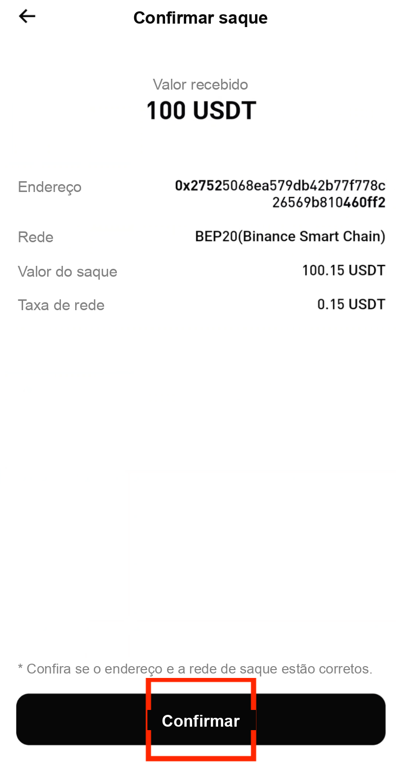 Verifique os detalhes do saque e confirme na Bitget