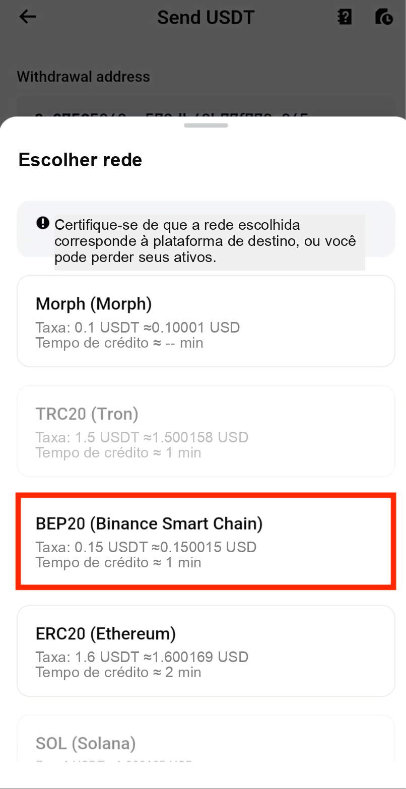Selecione a rede BEP20 para o saque de USDT na Bitget