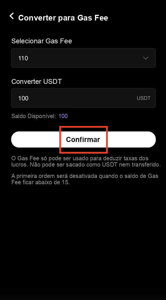 Confirme a conversão de USDT em Gas Fee no CoinTech2u