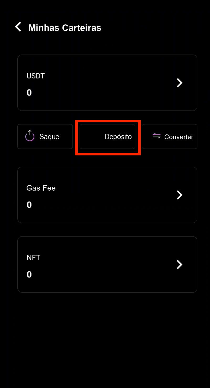 Toque em Depósito na carteira CoinTech2u