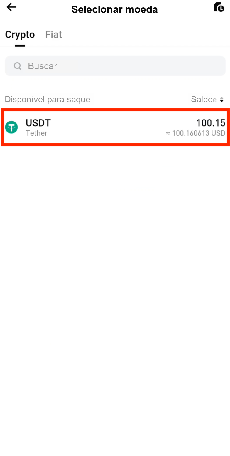 Selecione USDT para saque na Bitget