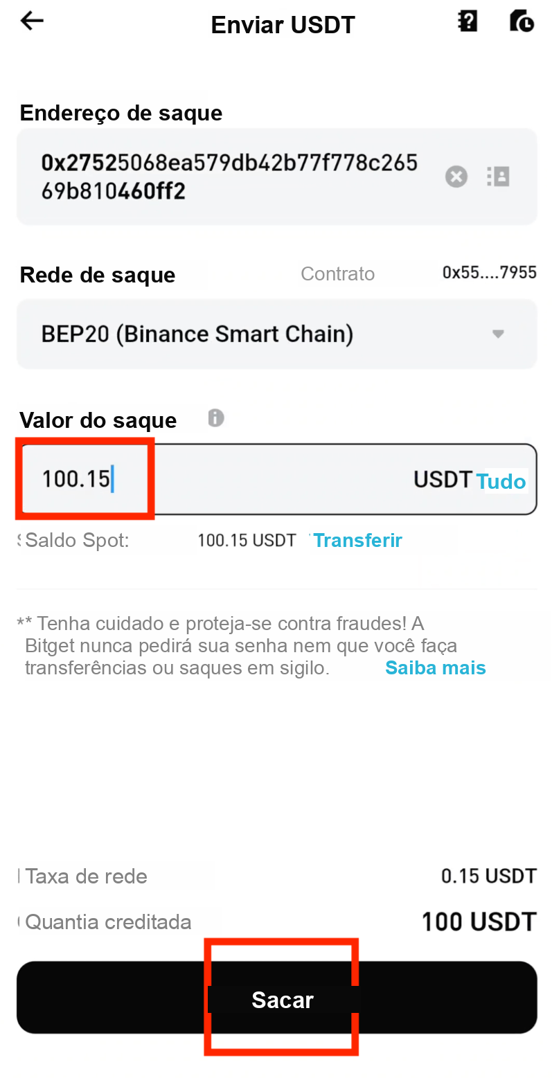 Insira a quantia de saque em USDT na Bitget