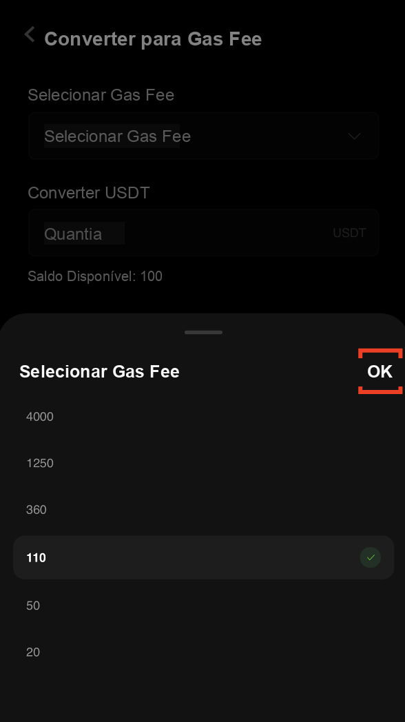 Selecione a quantia de Gas Fee no CoinTech2u
