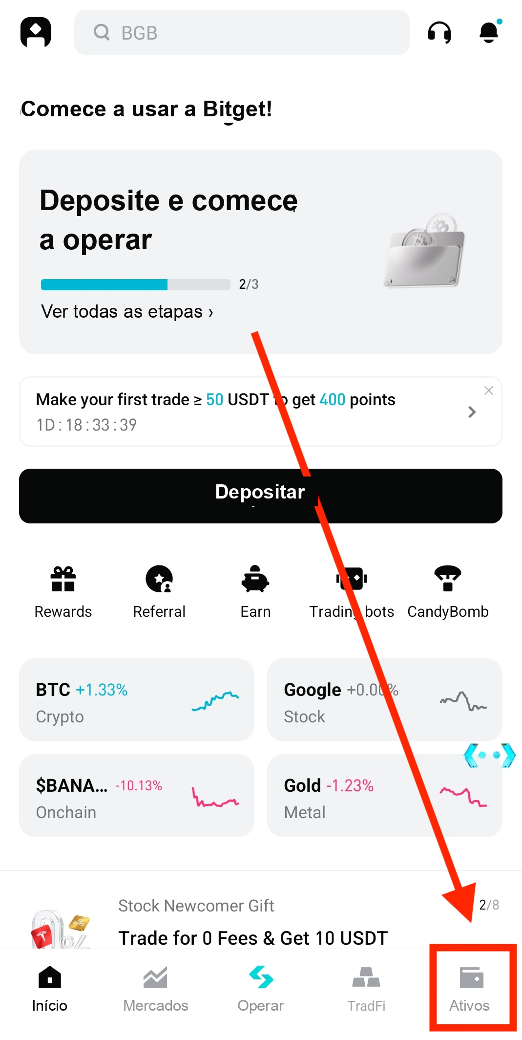 Toque em Ativos no app Bitget
