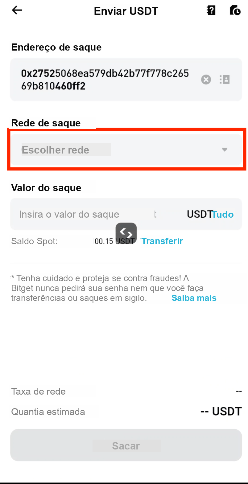 Toque em Escolher rede no saque da Bitget