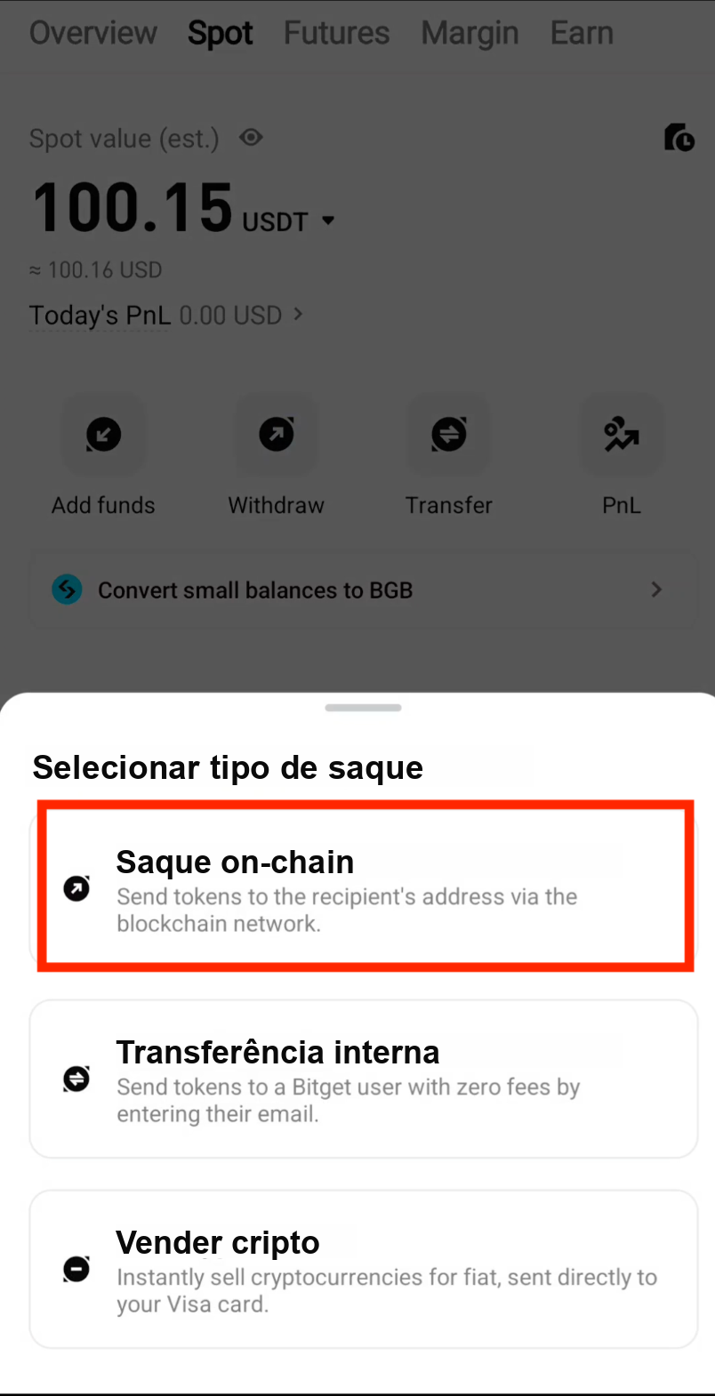 Selecione o saque on-chain na Bitget