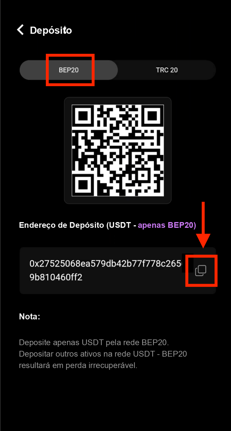 Selecione BEP20 e copie o endereço de depósito no CoinTech2u