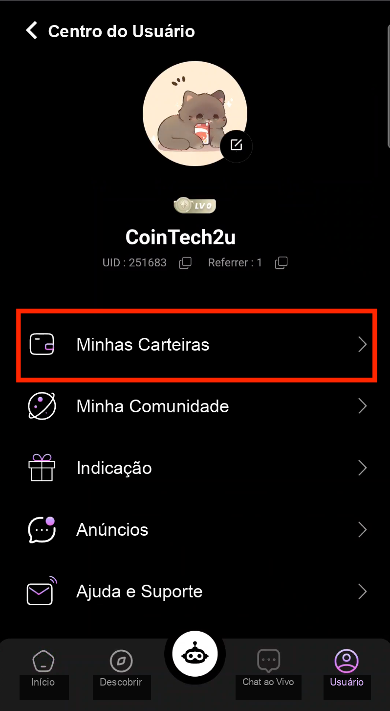 Toque em Minhas Carteiras no perfil do CoinTech2u