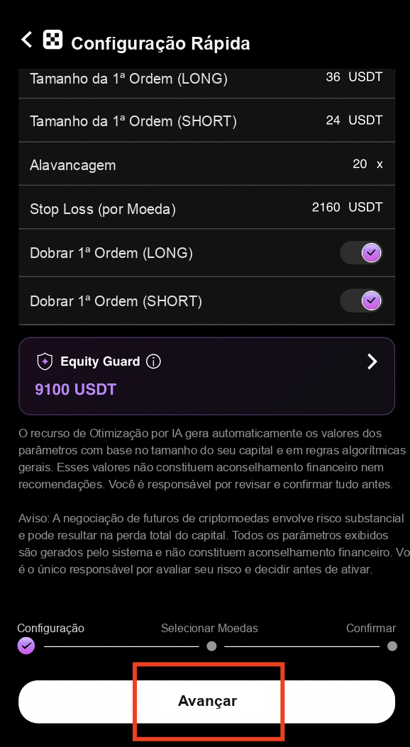Toque em Avançar após definir o Equity Guard
