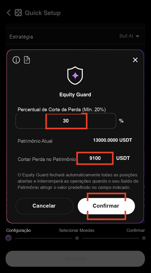 Defina o Percentual de Corte de Perda para o Equity Guard
