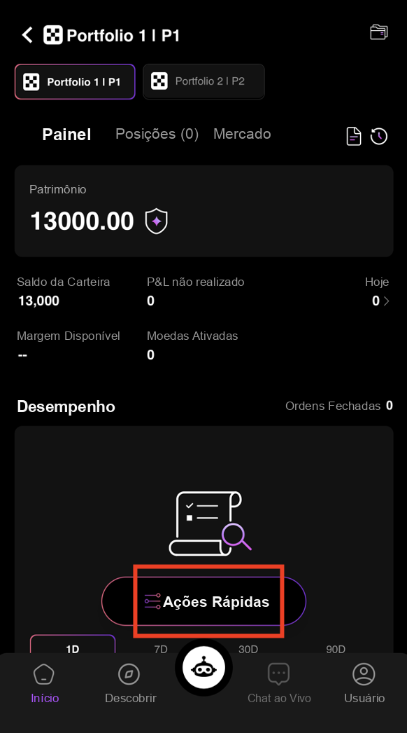 Toque em Ações Rápidas no portfólio da CoinTech2u