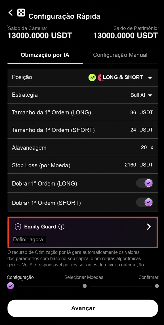 A IA gera a configuração toque em Equity Guard