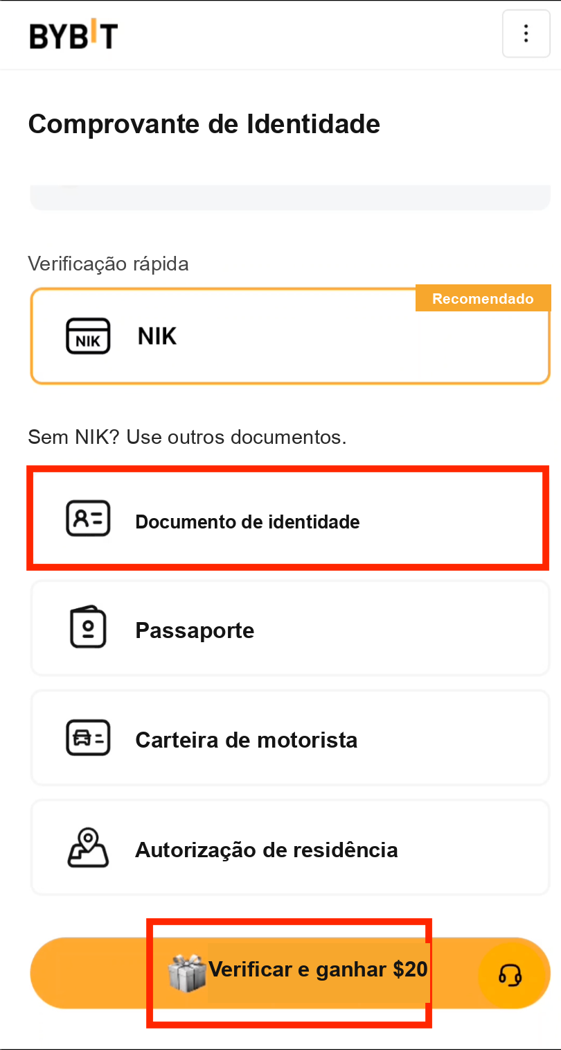 Selecionar documento de identidade para a verificação KYC da Bybit