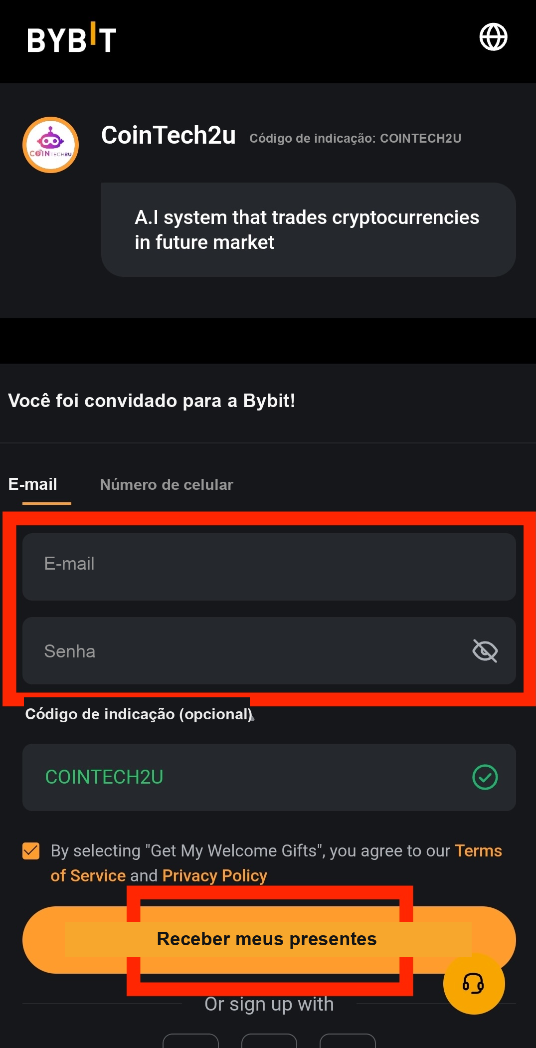 Captura de tela do cadastro na Bybit Passo 2: inserir e-mail e senha na tela de cadastro da Bybit