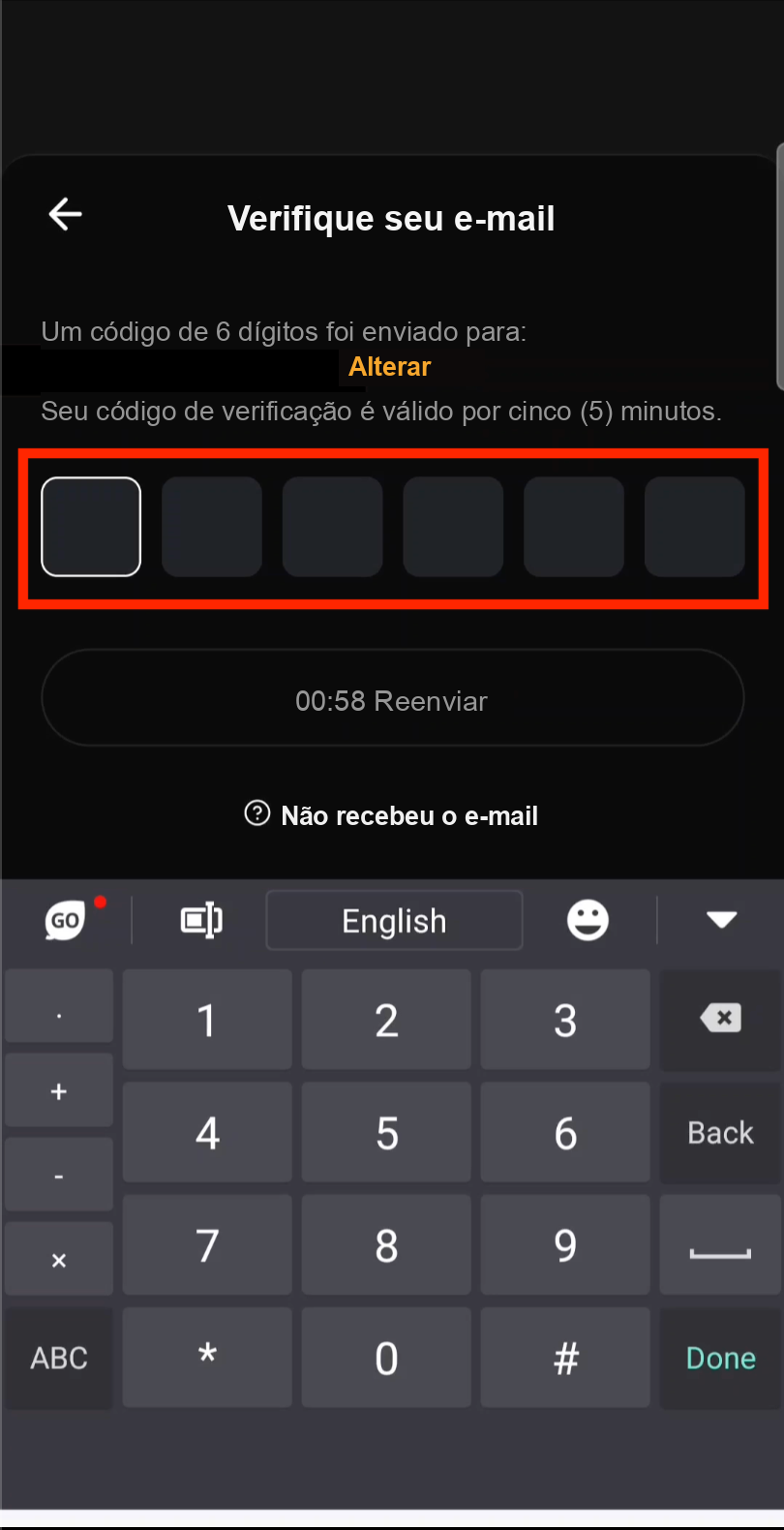 Captura de tela do cadastro na Bybit Passo 3: inserir o código de verificação de e-mail da Bybit