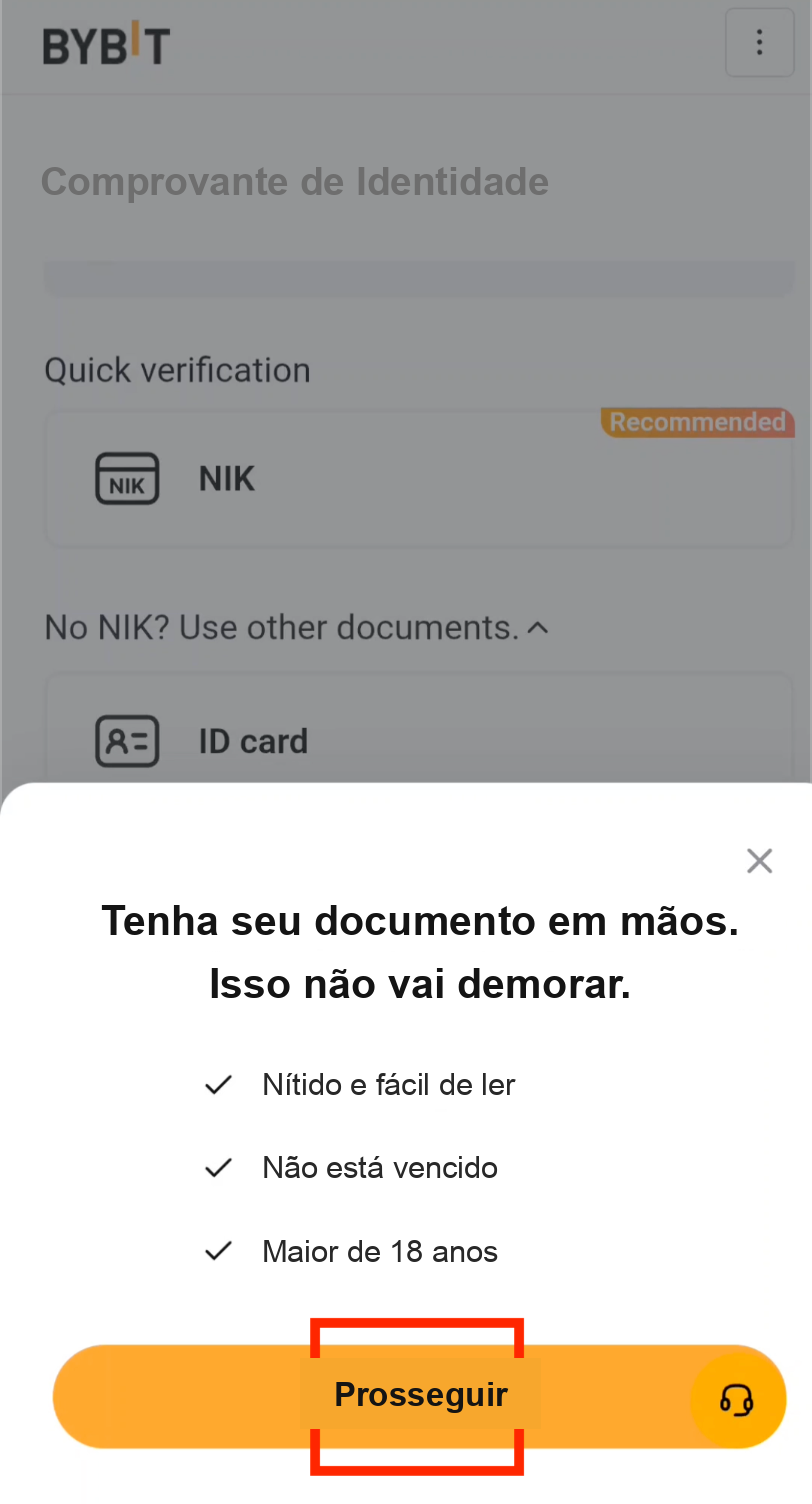 Capturar fotos do documento para a verificação da Bybit