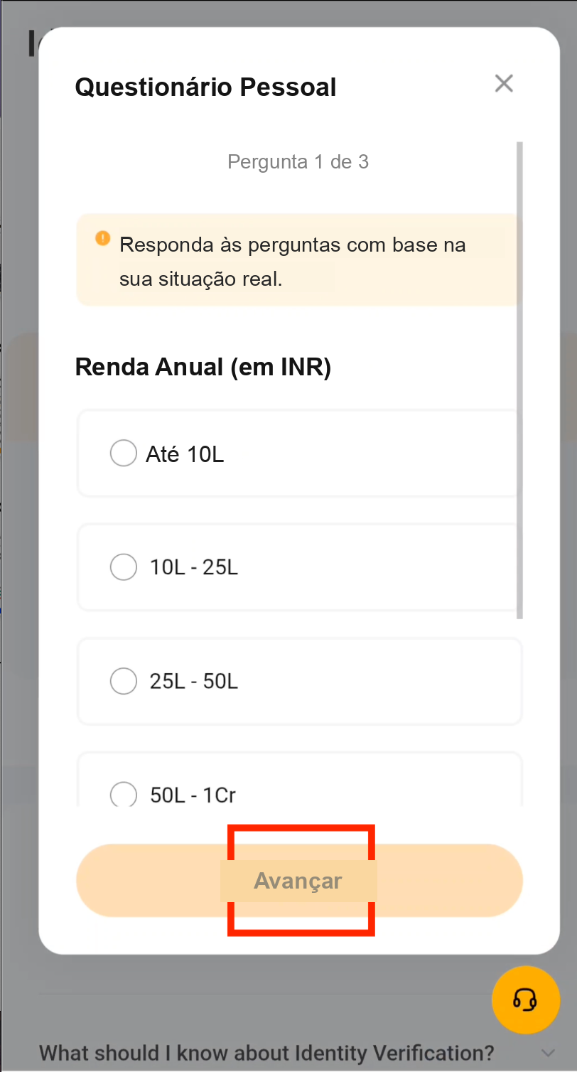 Questionário pessoal do KYC da Bybit