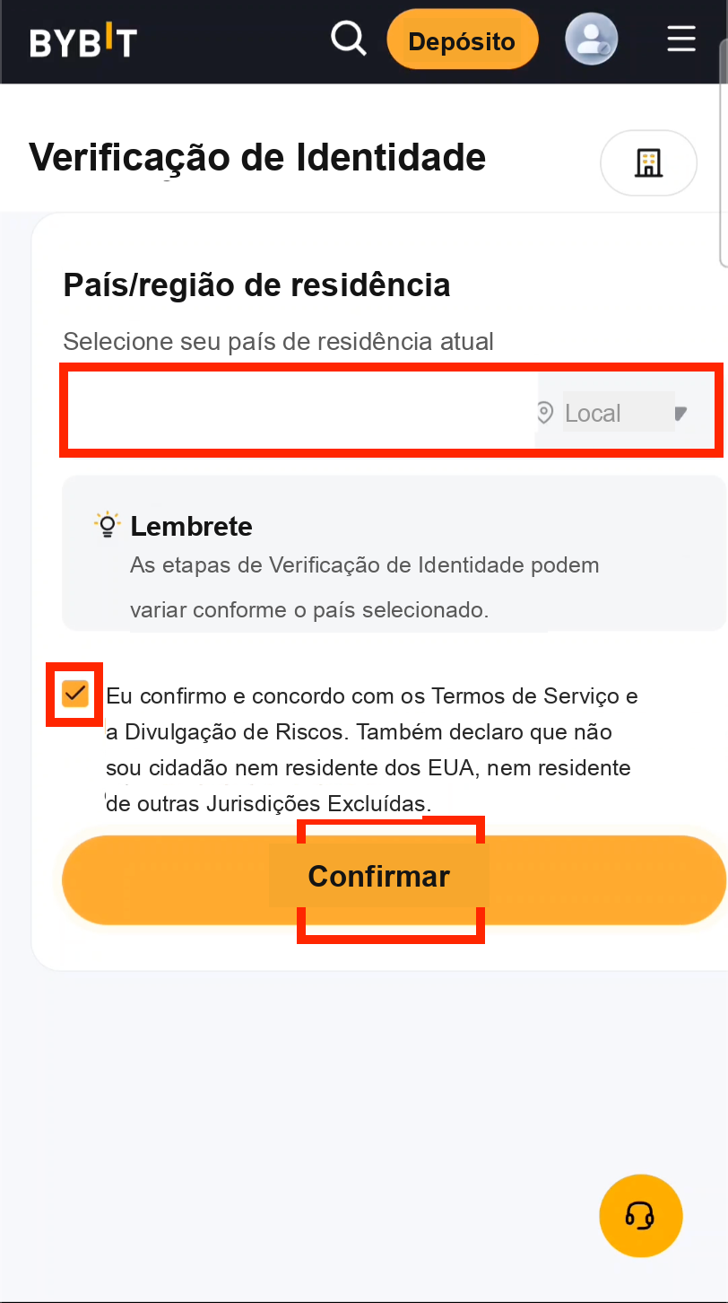 Selecionar país para o KYC da Bybit