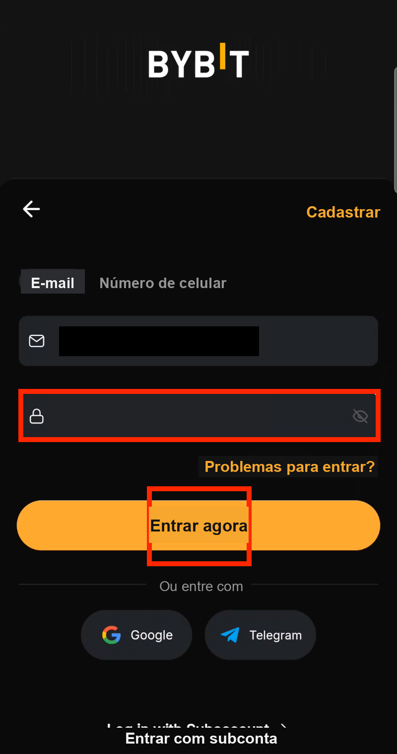 Tela de login com senha do app da Bybit