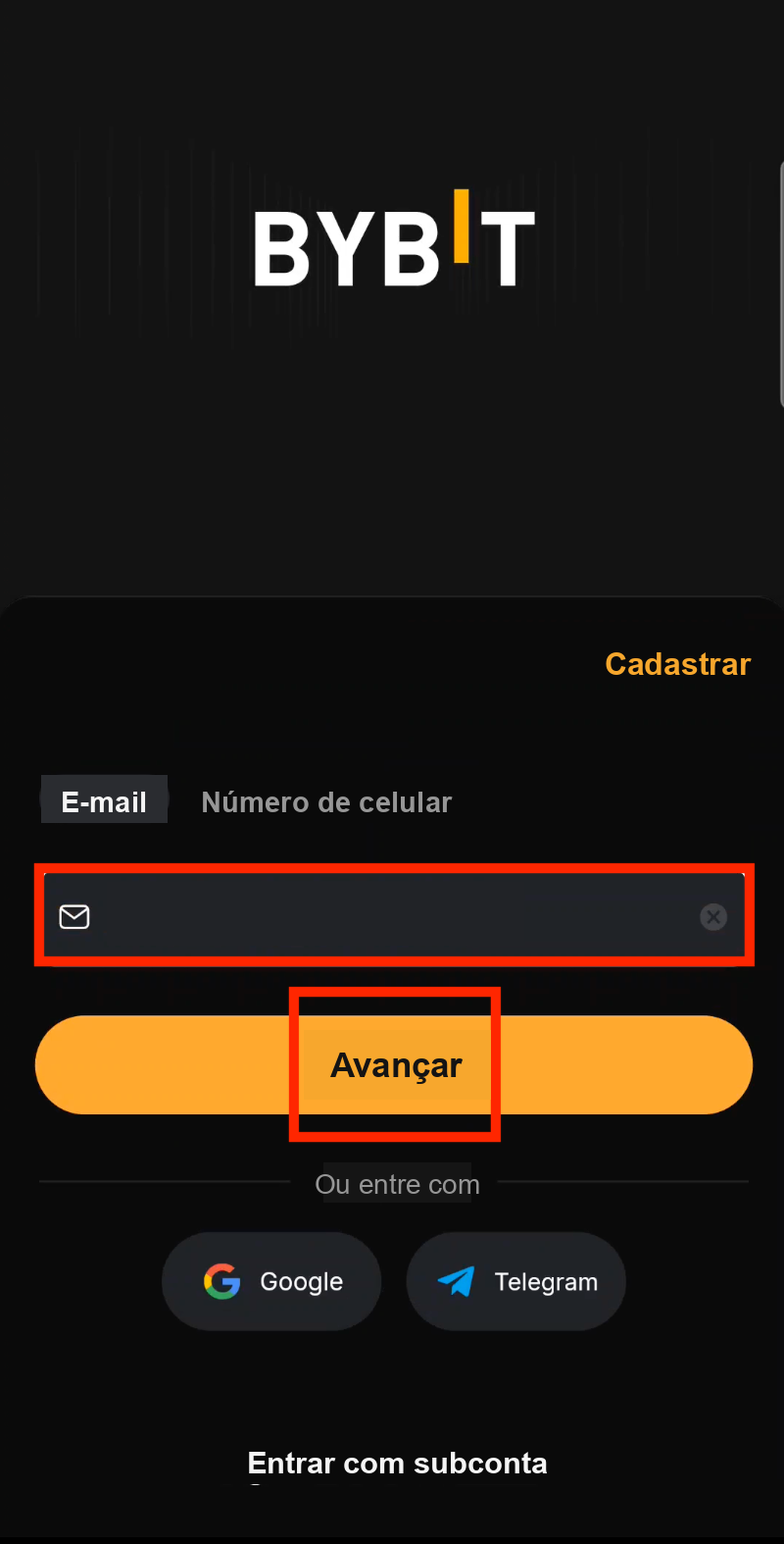 Inserir e-mail no login do app da Bybit