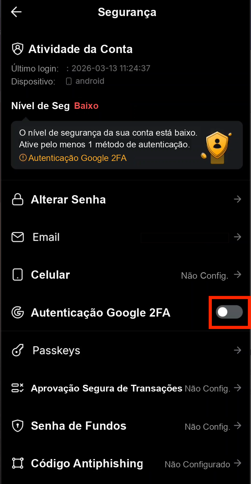 Selecionar Google 2FA na Bybit