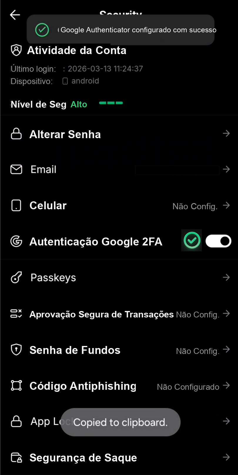 2FA ativado com sucesso na Bybit