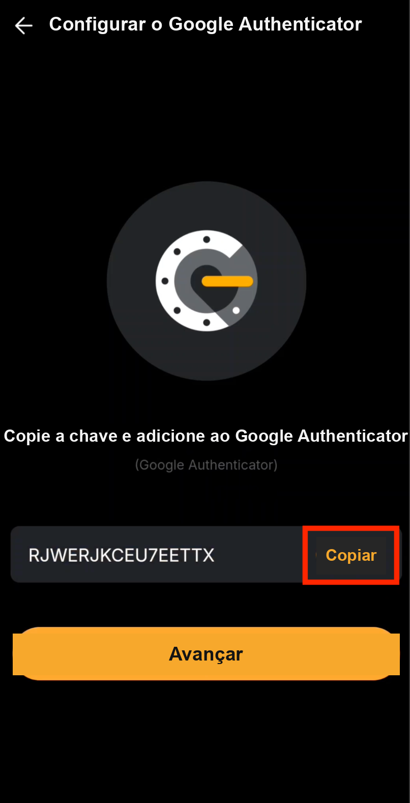 Copiar a chave secreta do 2FA da Bybit