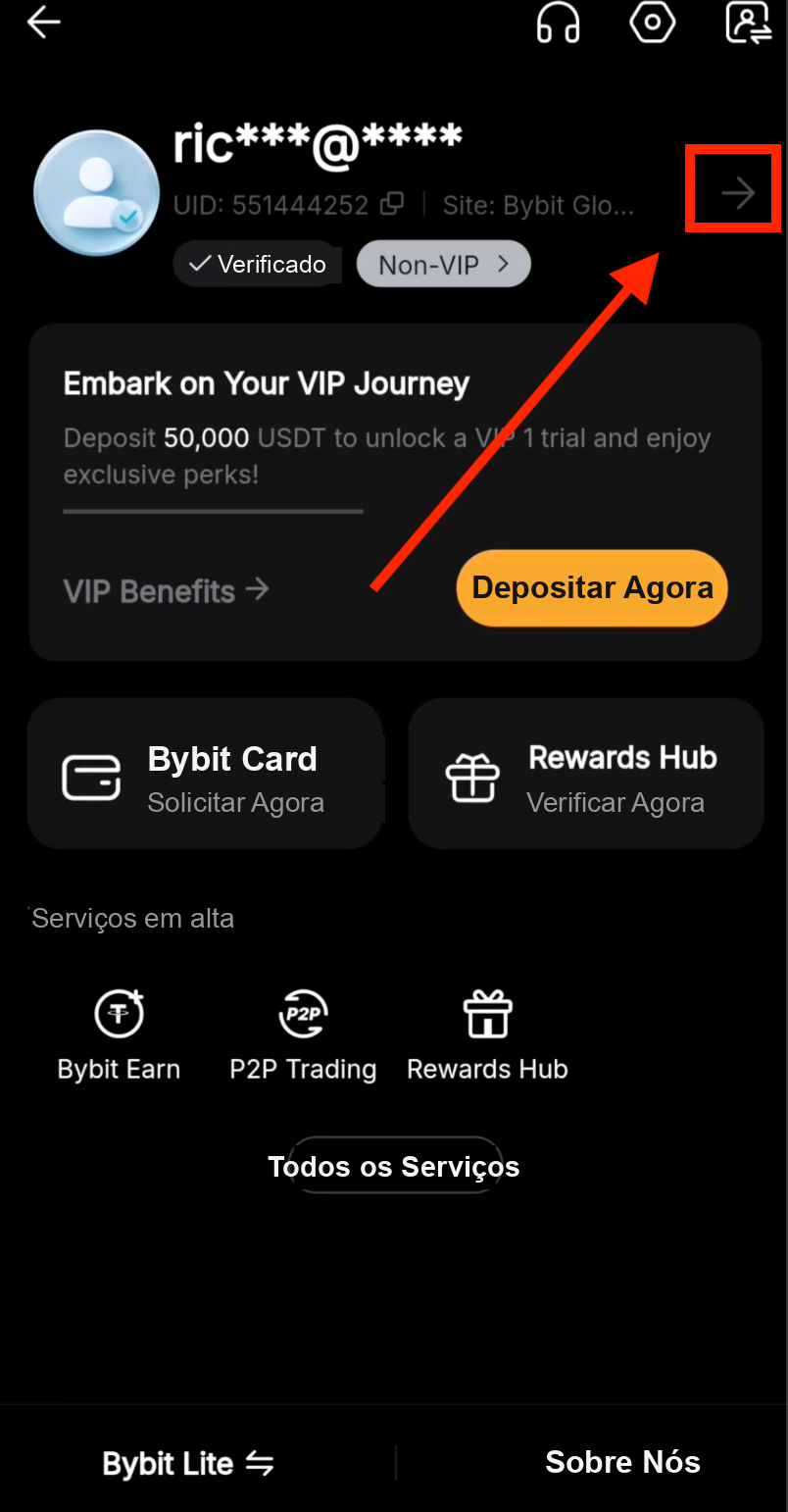 Ícone de seta das configurações da Bybit