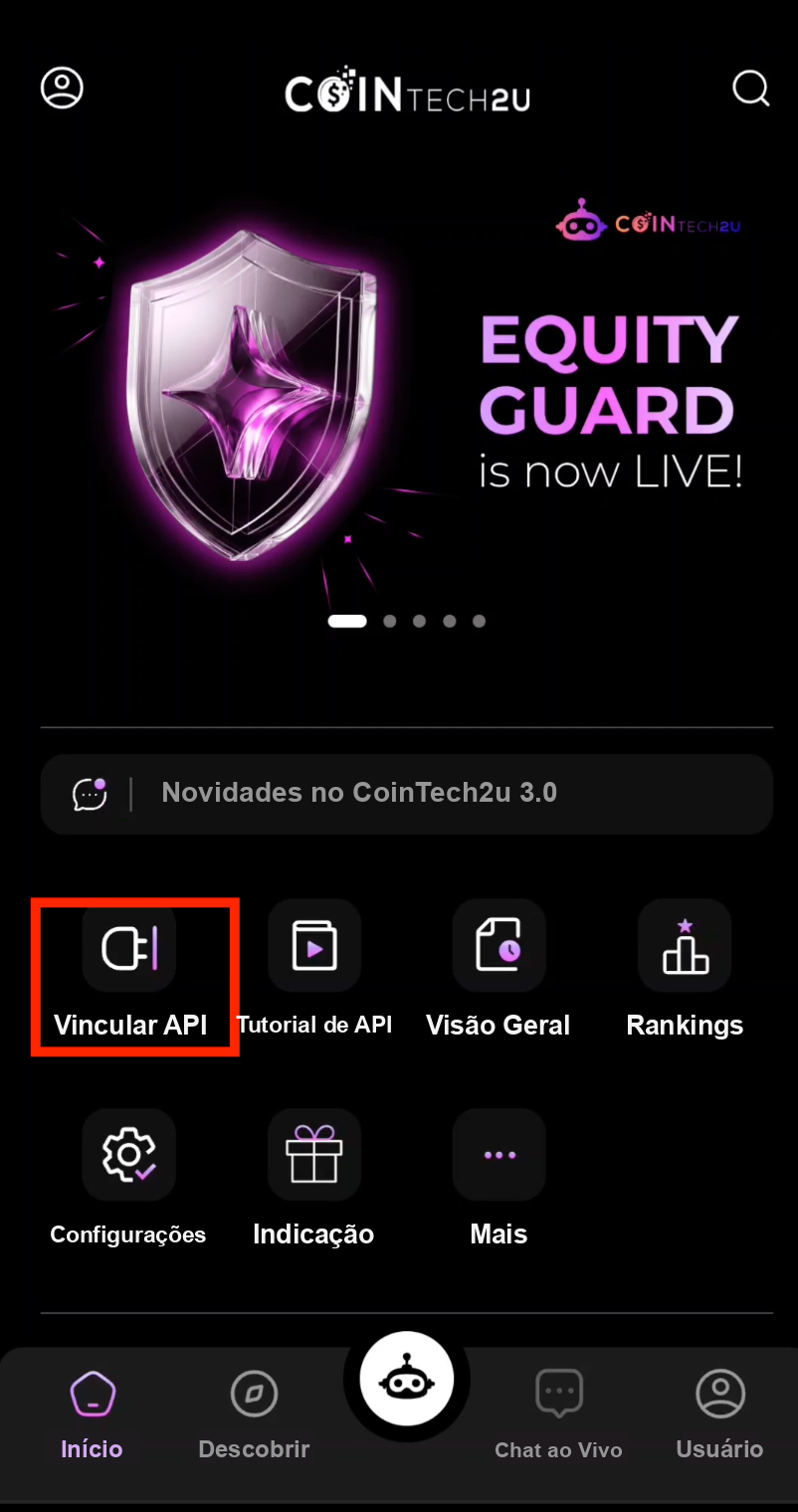 Botão Vincular API na página inicial do CoinTech2u
